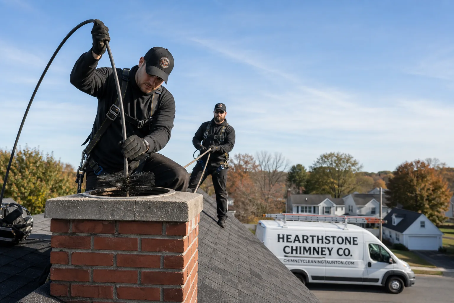 Hearthstone Chimney Co. chimney cleaning service vehicle and crew in Taunton, MA